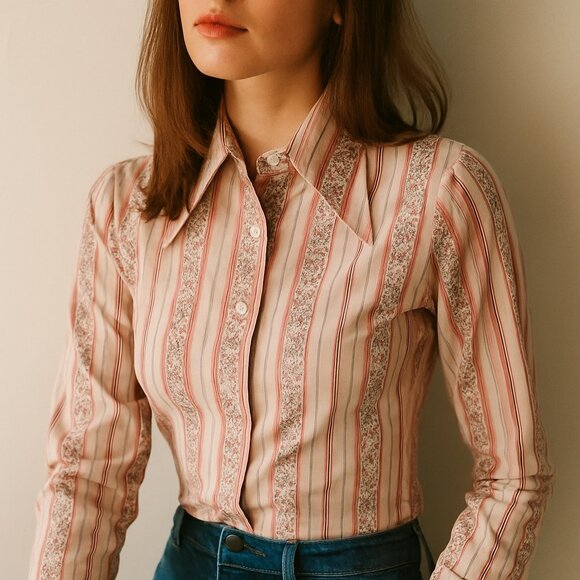 Vintage 70s Huk-A-Poo Shirt | Pink Striped Floral Button Down Blouse - Picture 1 of 8
